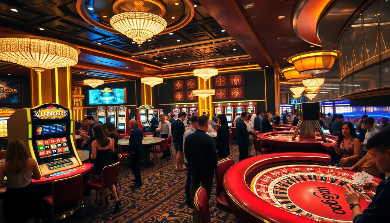 Players experiencing excitement at a casino with Luck8882 branding on poker chips and cards.