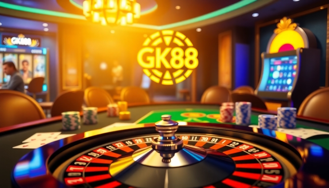 GK88 casino experience with roulette, poker chips, and a captivating slot machine.