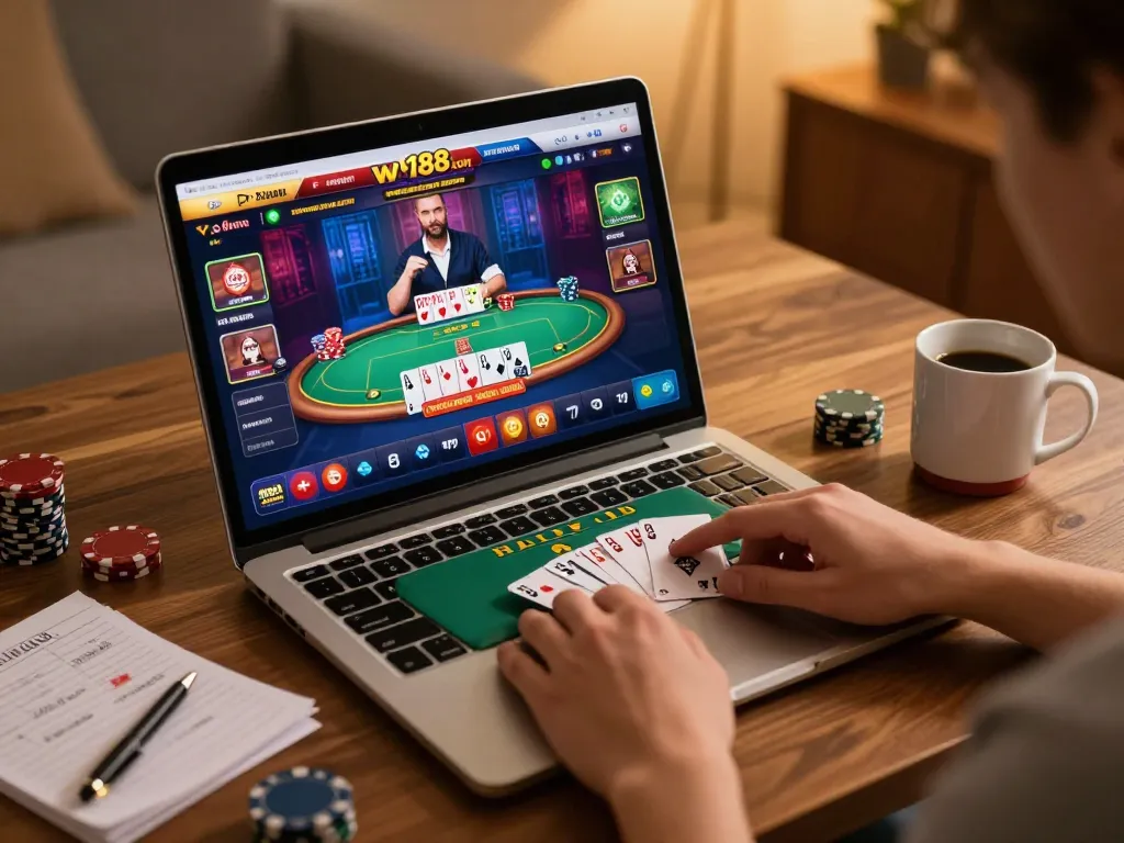Engaging in poker gameplay on w188 com from a comfortable home setting with warm lighting