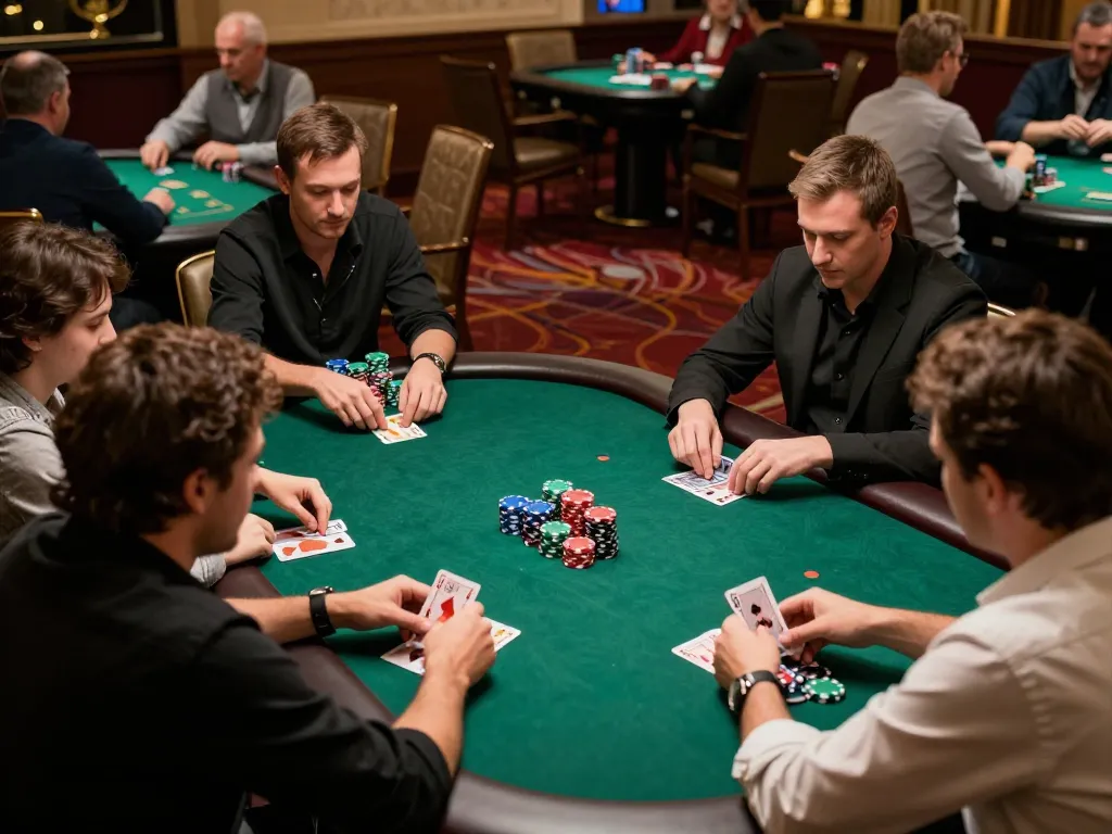 Engaged players strategizing during an intense poker game at the casino with aud77 atmosphere.