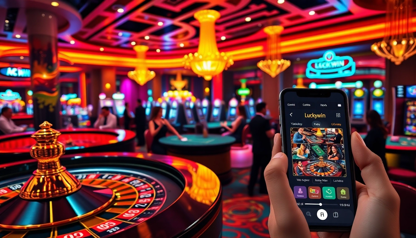 Experience high-stakes excitement at luckywin with vibrant casino tables, roulette wheels, and players.