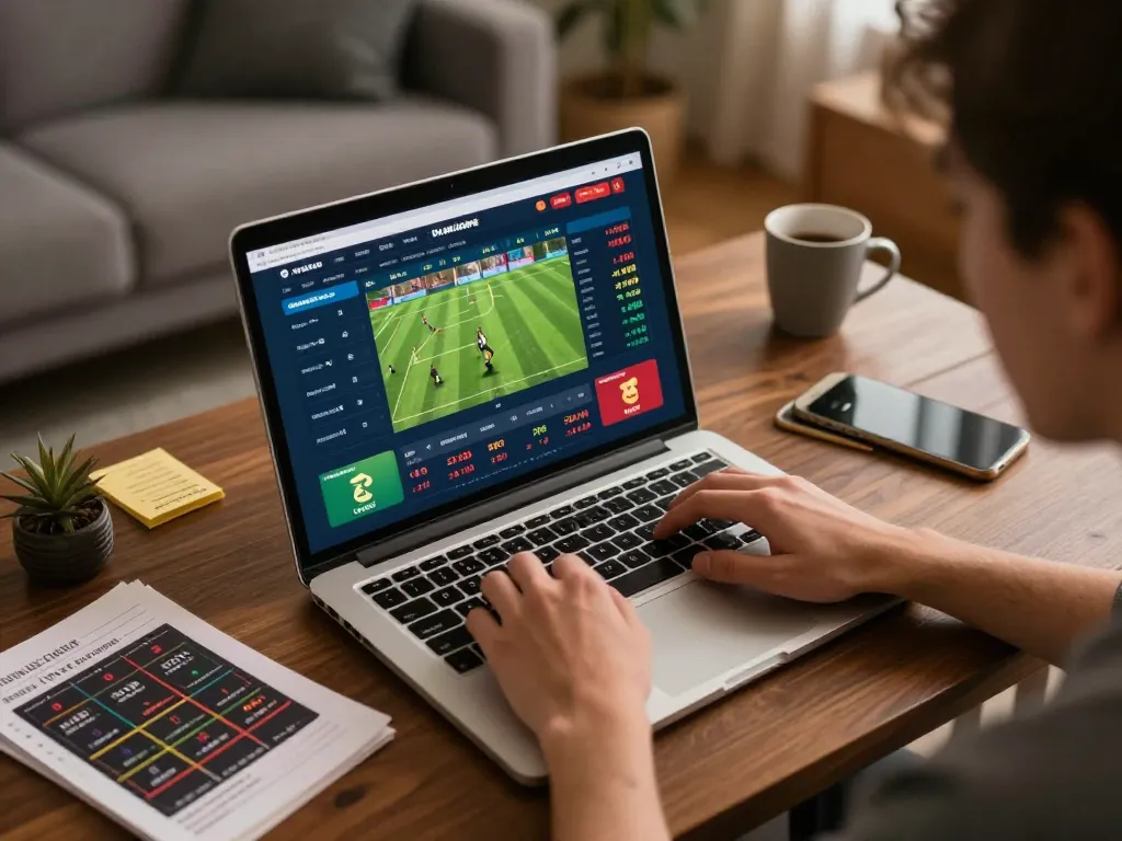 Household scene of online gambling with a person engaging with Nhà cái uy tín F168, showcasing betting strategies and a cozy atmosphere.