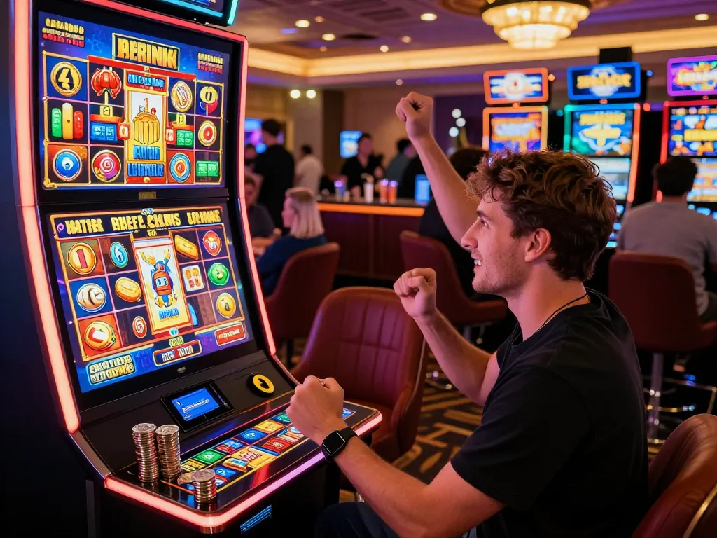 Player celebrating a win with free spins Australia at a colorful online casino slot machine.