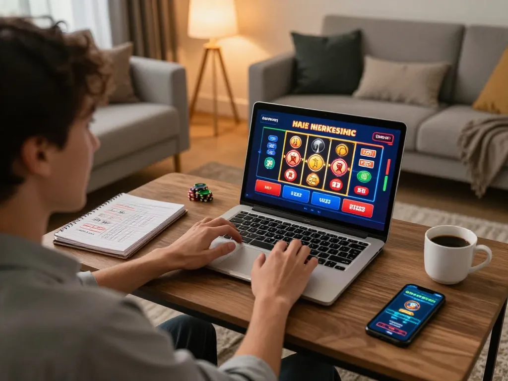 Engaging online gaming scene at https://98winn.net/ showcasing a cozy player setting with poker game interface visible.