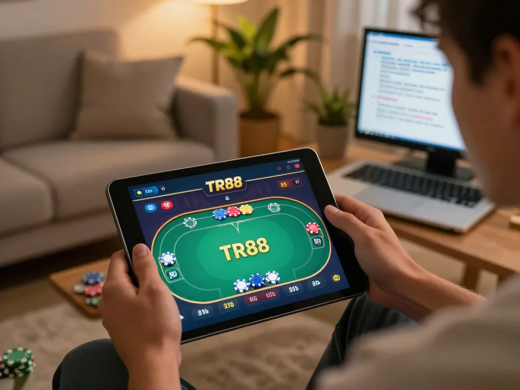 Player engaged in online gambling at TR88, showing poker interface on tablet, cozy home setting.