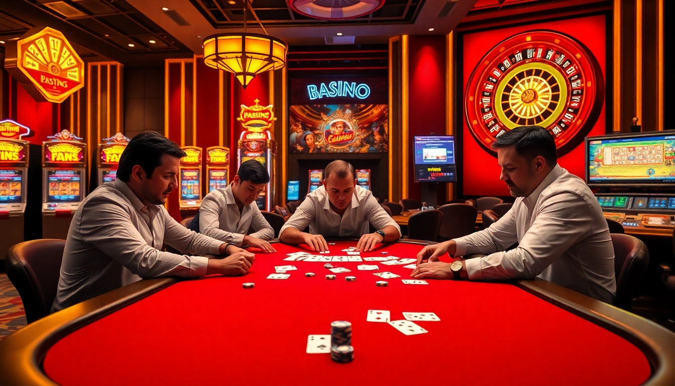 Engage in a high-stakes poker game at https://s8ted.com/ with vibrant casino elements, excited players, and luxurious decor.