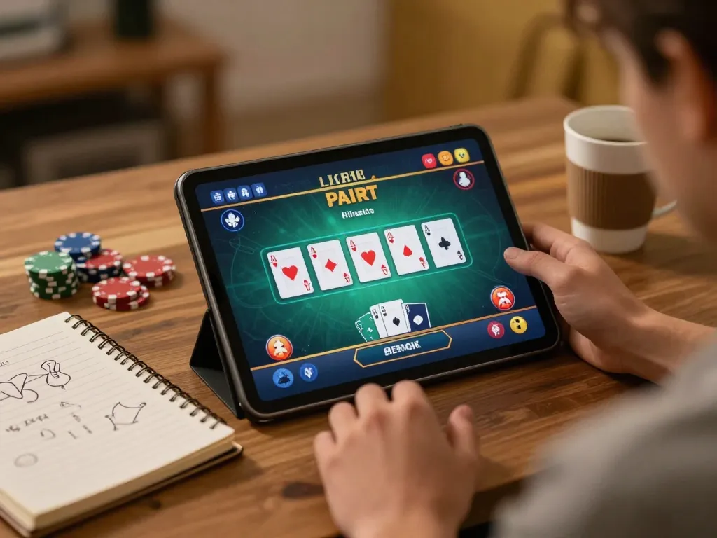 Engaging player using tablet for casino gaming at https://789win2.us.com/ in a cozy home setting
