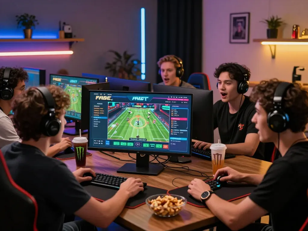 Friends enjoying sports betting on FABET platform with vibrant graphics at their gaming setup.