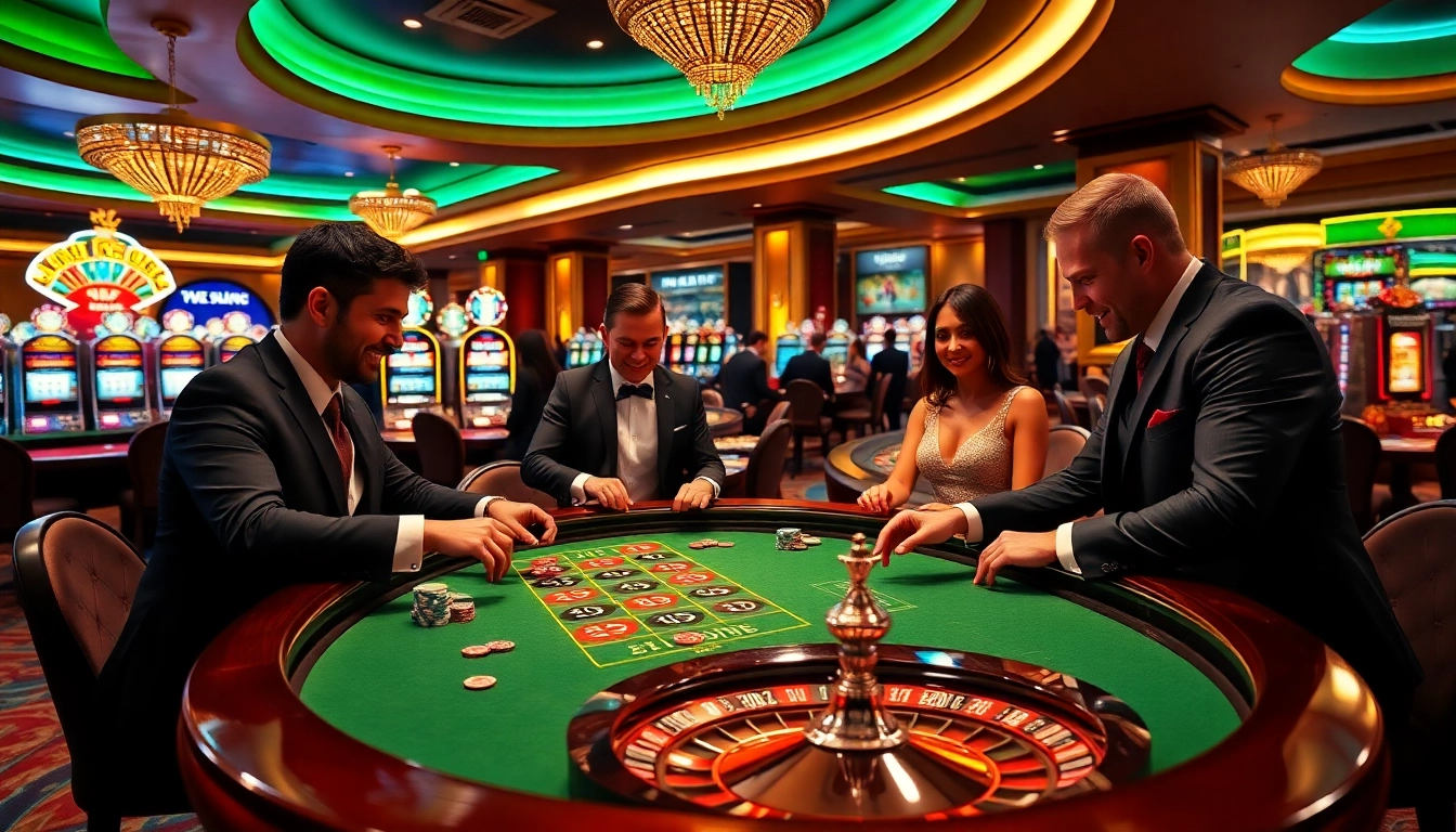 Excited players engaging in high-stakes gambling at the luck8 casino tables with vibrant decor.