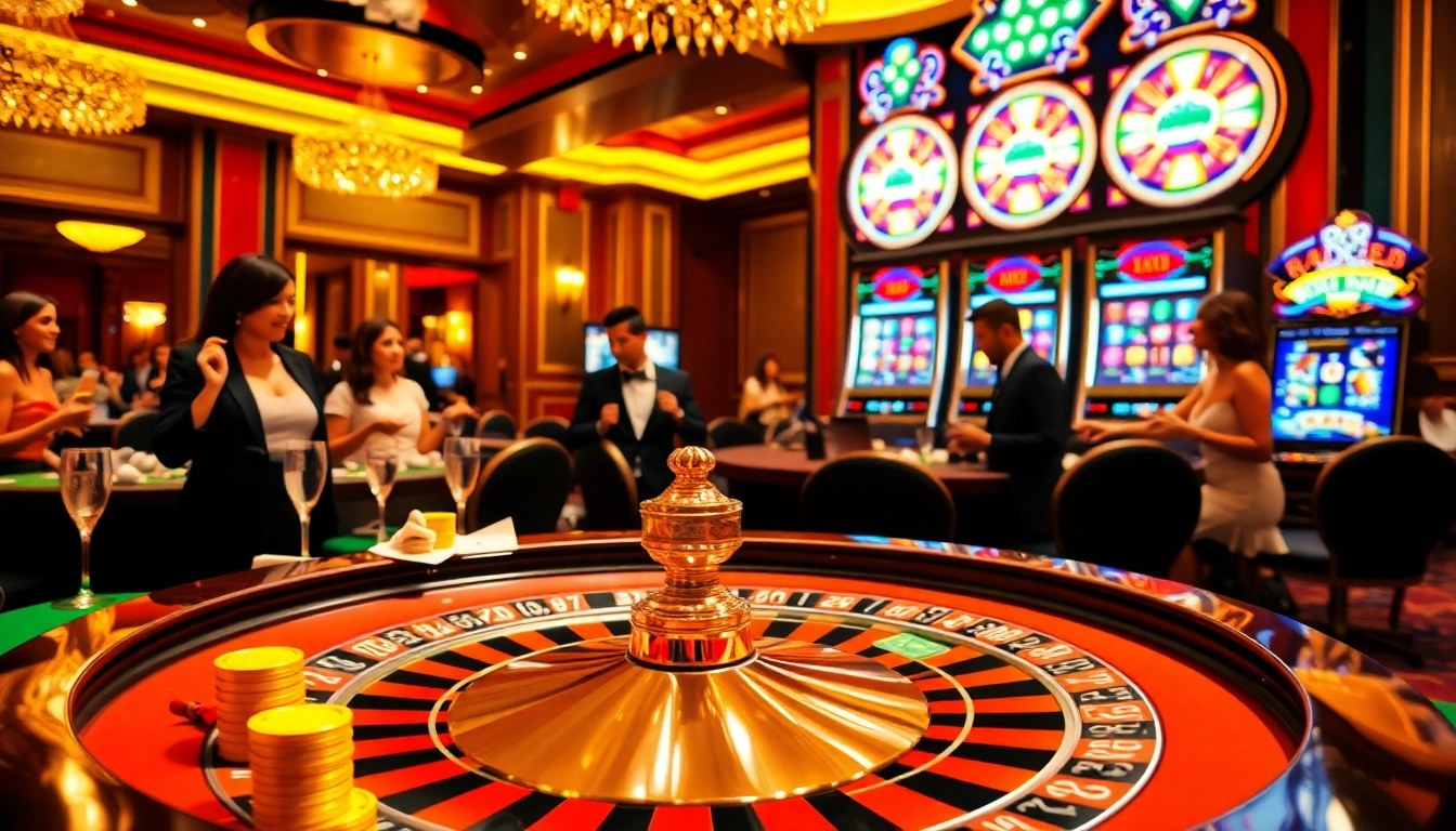 Experience high-stakes gambling at tt88 with a luxurious casino setting featuring roulette tables and excited players.