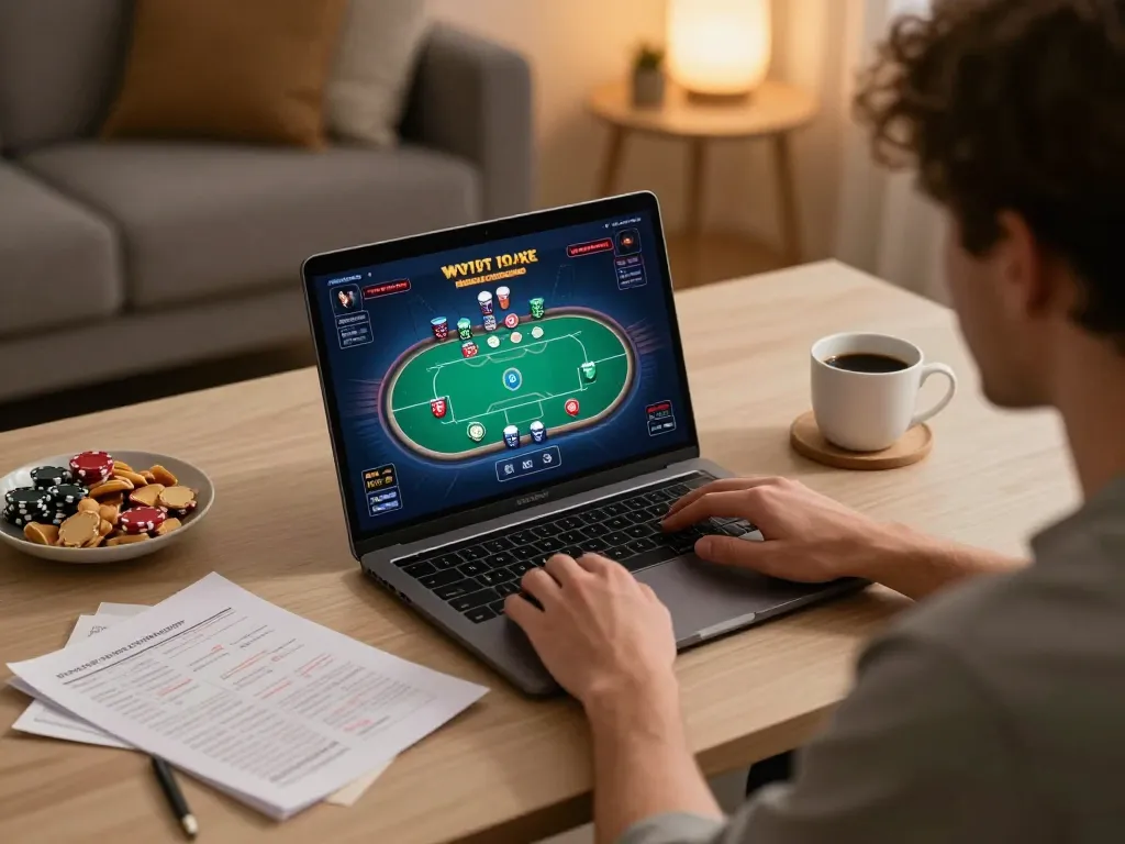 TOPBET poker game in action on a laptop with cozy setup and strategic notes visible
