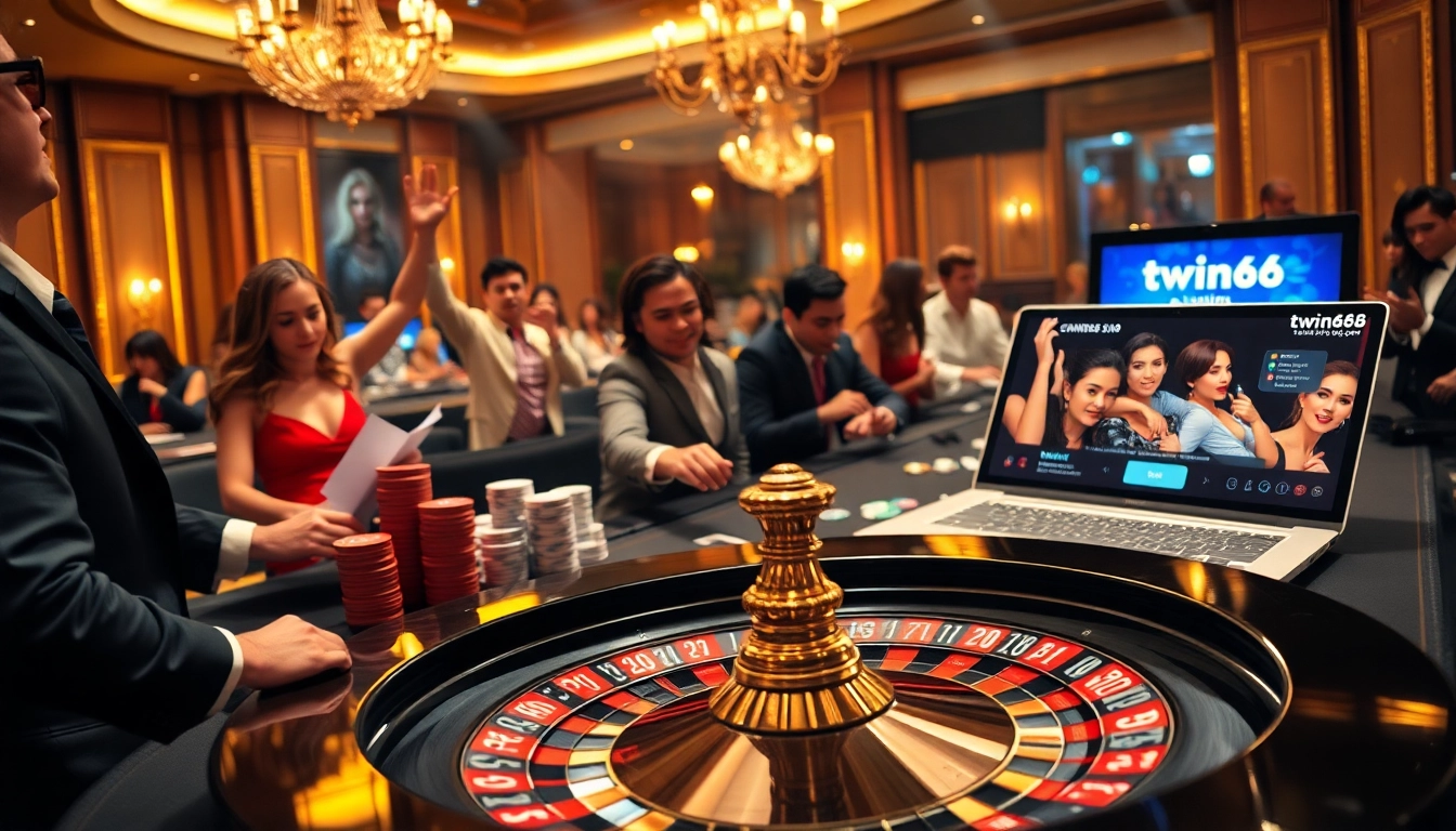 Gamblers enjoying the excitement of twin68.gr.com at a luxurious casino table with vibrant chips