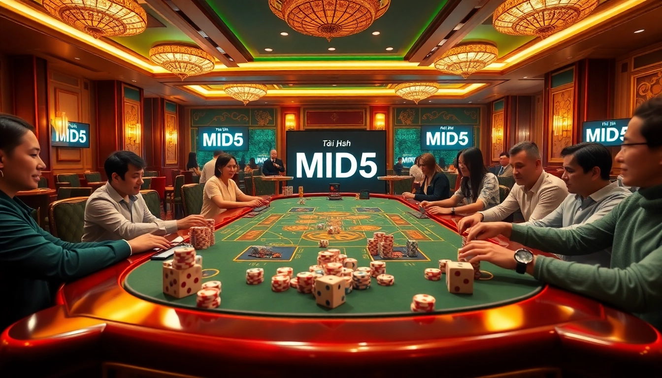 Tài xỉu md5 game in a luxury casino, showcasing players and vibrant dice action.