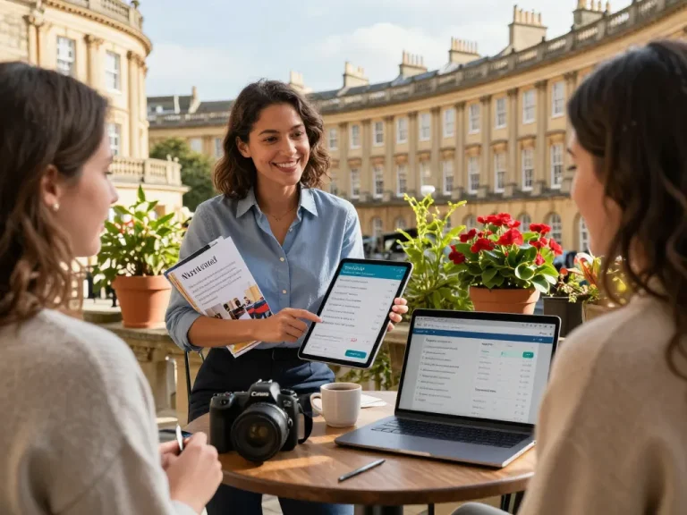 Engaging scene of airbnb management in Bath showcasing property manager reviewing rental strategies with homeowner amidst stunning Georgian backdrop.