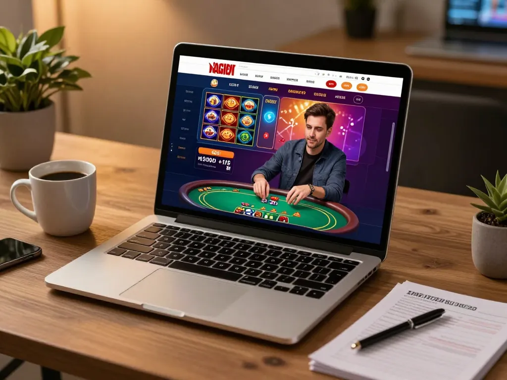 Engaging in online gambling through https://f168.tech/ on a laptop, showcasing multiple games and a cozy setup.