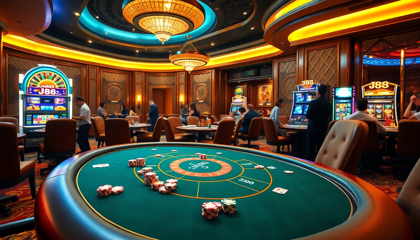 Players enjoying the thrill of J88 casino games at an elegant gaming table.