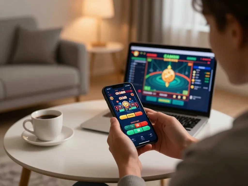 Player exploring GO88 casino app on smartphone, capturing the excitement of online gambling.