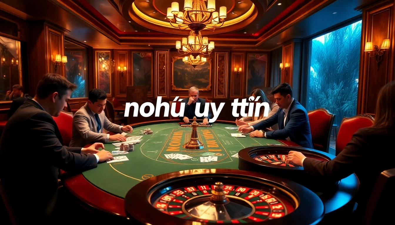 A high-stakes poker game at a luxury casino capturing the essence of nohu uy tín and excitement.