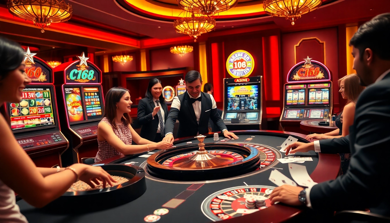 Engaging players at C168 gambling table with vibrant casino atmosphere.