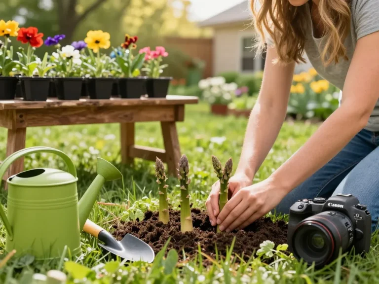 Engaging scene of a gardener planting spargelpflanzen kaufen in a sunny home garden with colorful tools and blooming flowers.