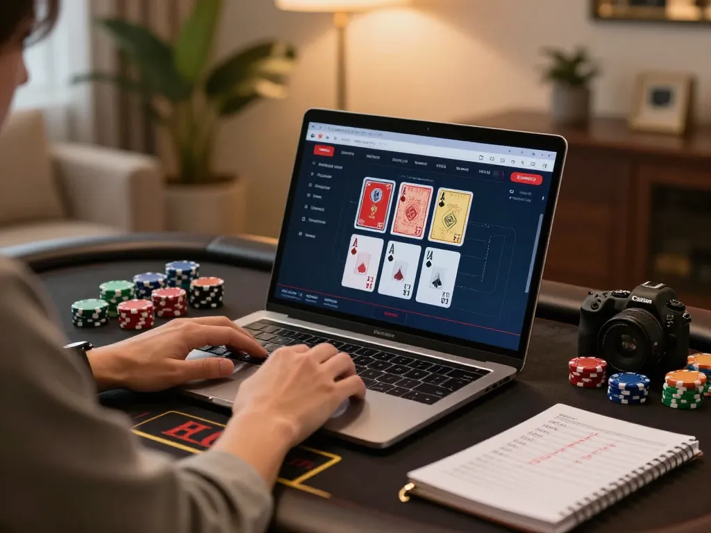 Player engaging in live dealer blackjack at vipwin.com with strategic notes and warm lighting.