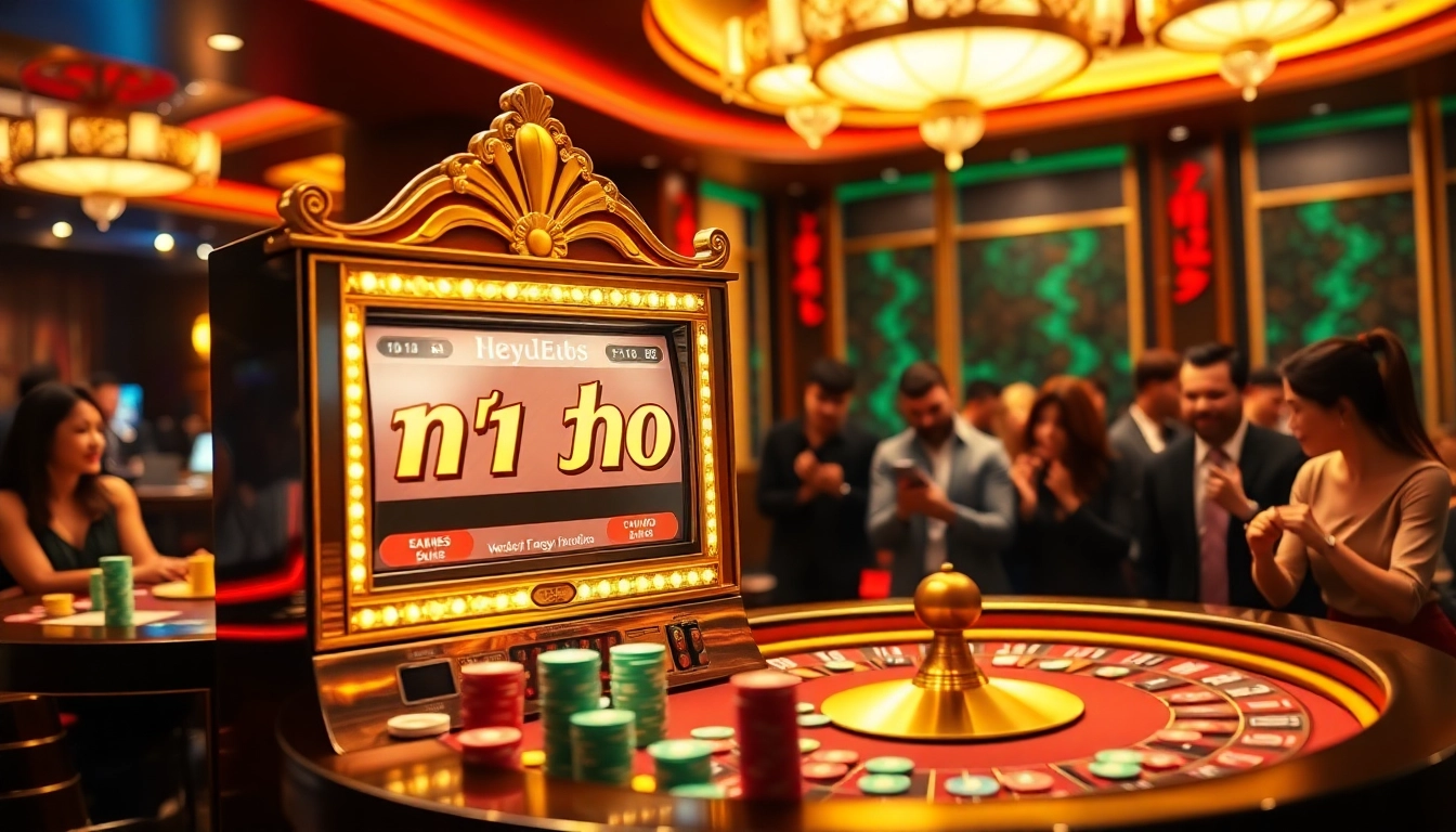 A vibrant casino scene with players engaging on nổ hũ slot machines, showcasing excitement and luxury.