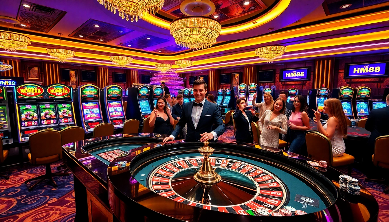 HM88 players enjoying an exciting game at the roulette table in a luxurious casino atmosphere.