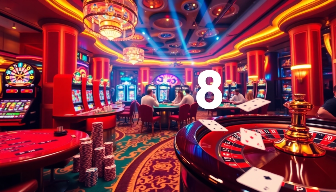 Exciting gambling action at the Go8 online casino with vibrant tables, cards, and players.