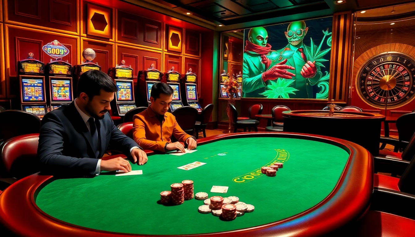 Players engaging at a Go99 poker table in an opulent casino atmosphere.