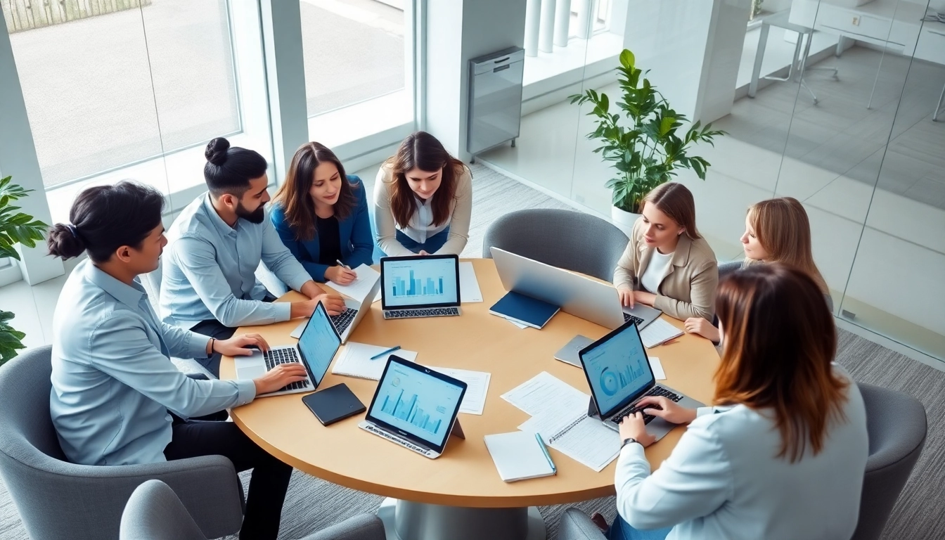 Fokusseite, die ein diverses Team in einer modernen Büroumgebung bei der Zusammenarbeit zeigt.