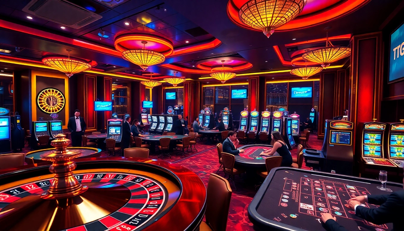 Excited players at tg88 casino, engaging with roulette, poker, and slot machines.