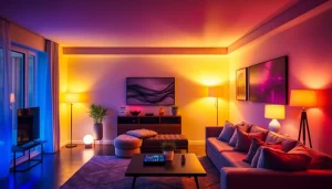 Philips Hue Tipps: Innovatives Lichtsetup, das warme und kühle Töne in einem modernen Wohnzimmer präsentiert.