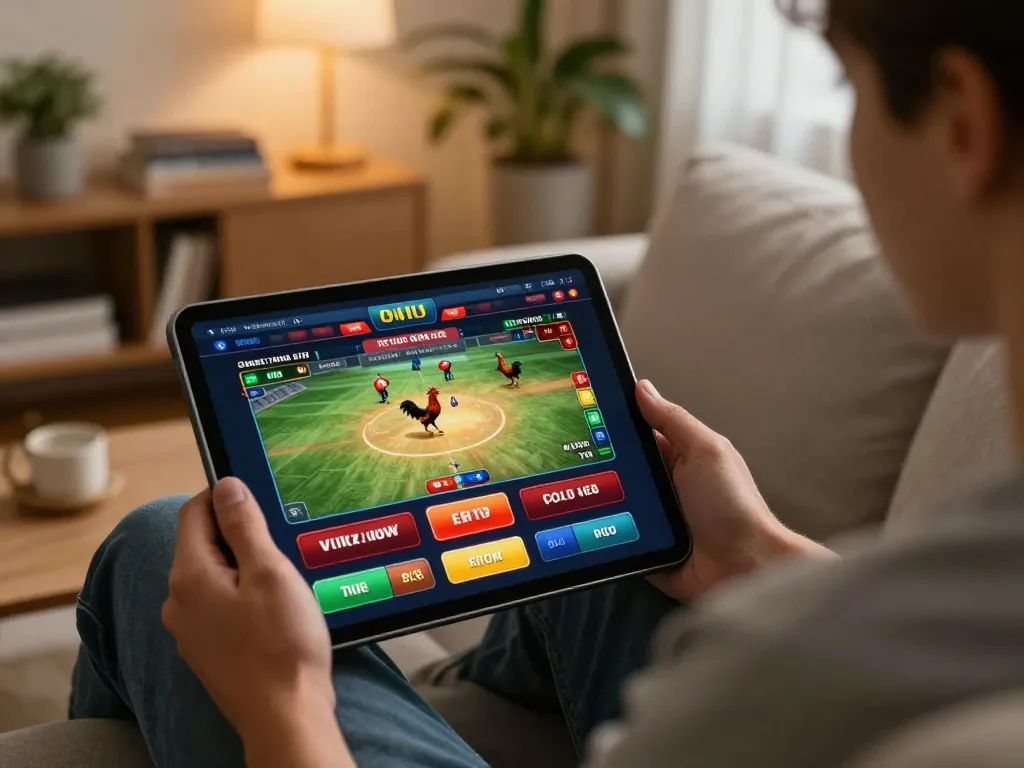 Player enjoying SV388 online cockfighting on tablet in cozy home setting, showcasing live betting experience.