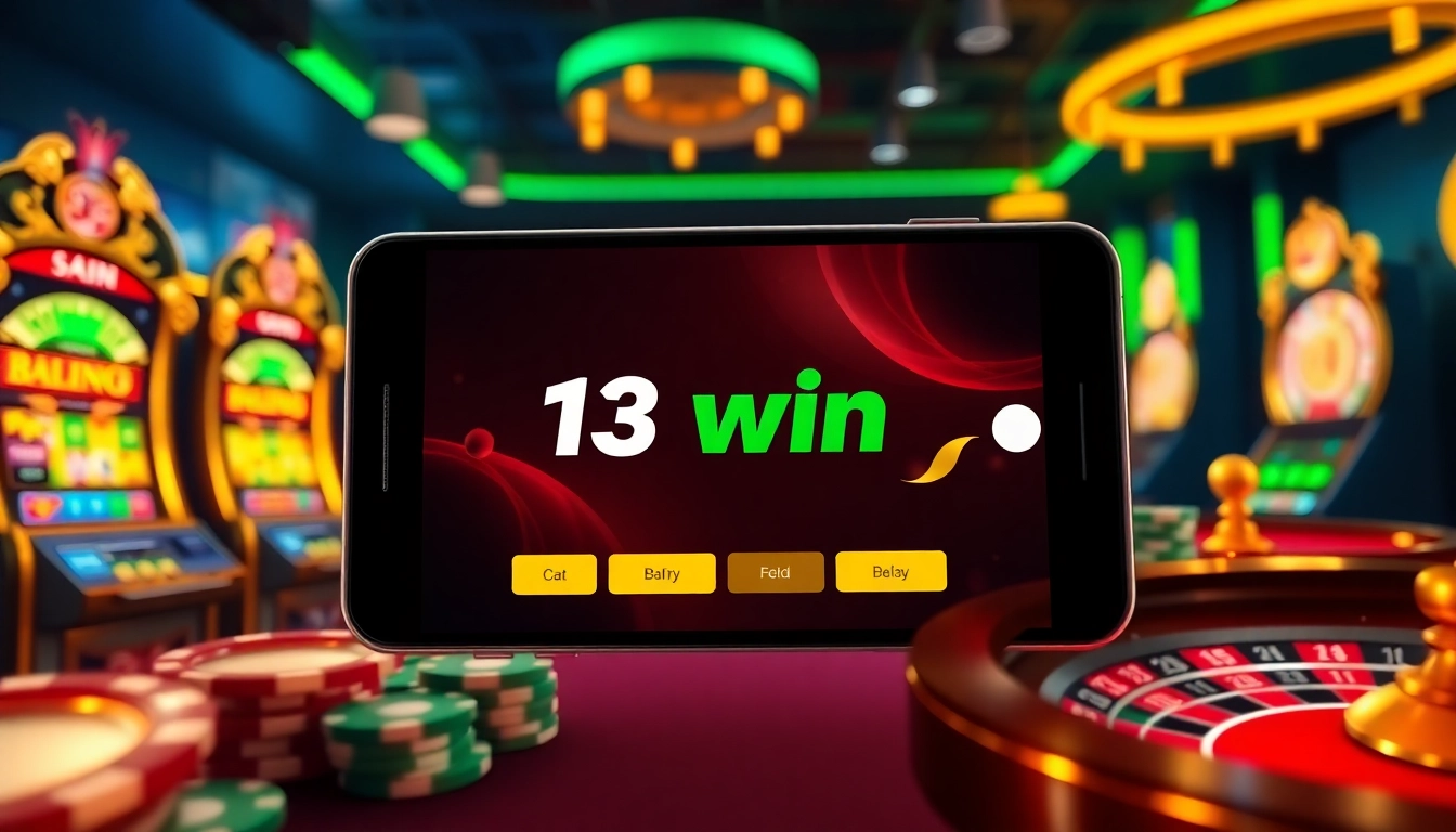 Experience the excitement of online gambling with the 13win app displayed alongside vibrant casino elements.
