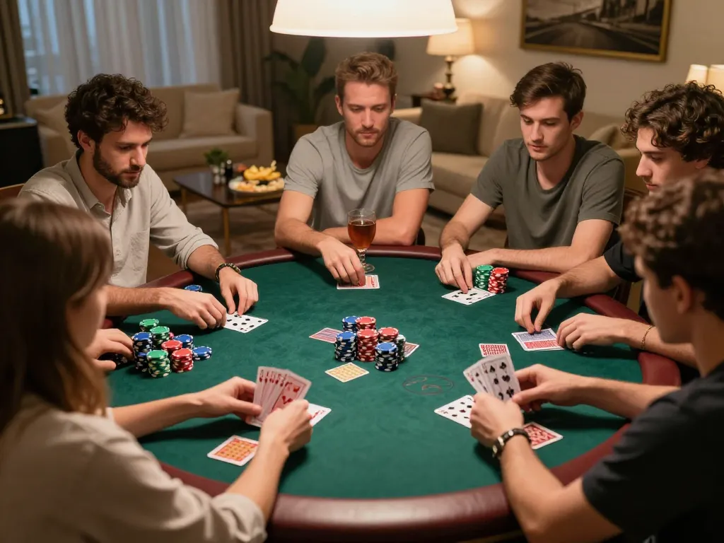 VT88 poker night with friends strategizing over colorful chips and cards in a cozy home.