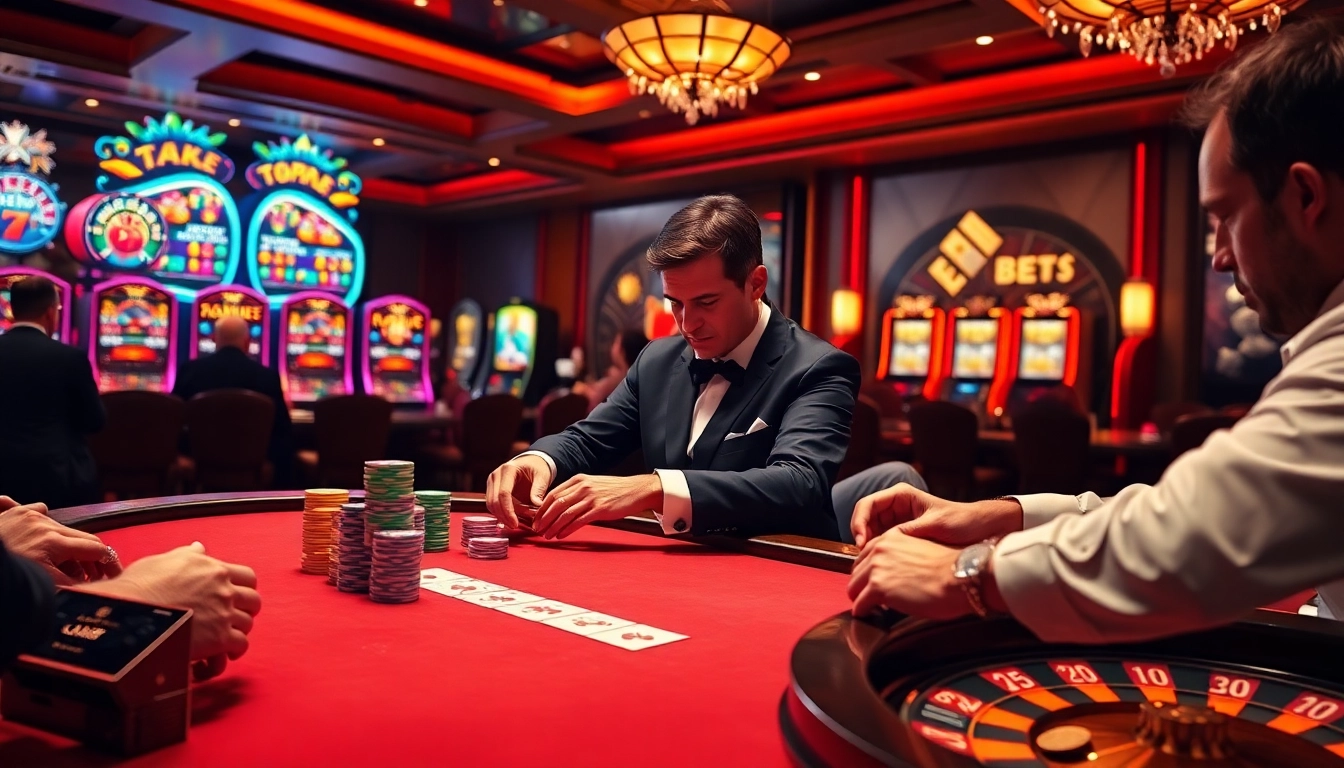 Players are engaged in a thrilling poker game at 28bet casino, surrounded by vibrant slot machines and opulent decor.
