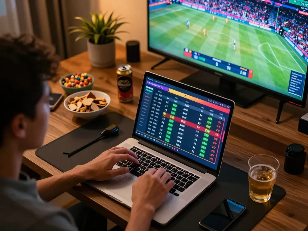 Person placing a bet on https://vmax88vip.com/ with a laptop showcasing live betting odds and sports events.