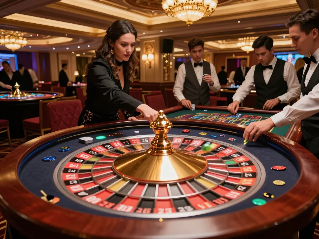 VIN88 players engaging in an exciting roulette game with a lively atmosphere at the casino.