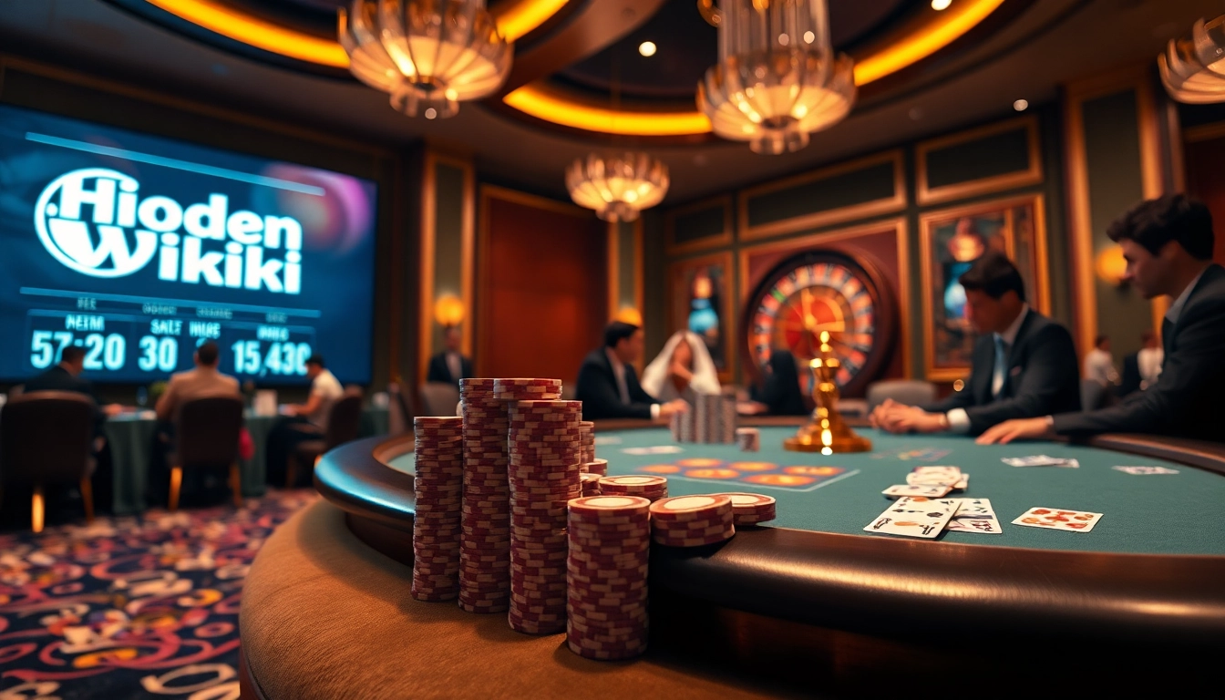 Professional players at a poker table with hidden wiki betting odds displayed.