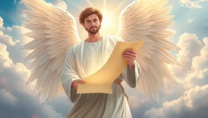 Erzengel Gabriel vermittelt Licht und Weisheit in einer himmlischen Kulisse.