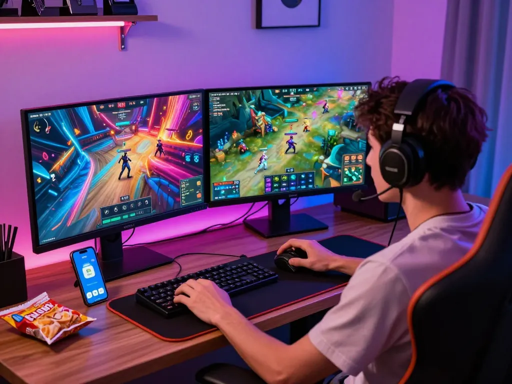 Engaged gamer using the tải rik vip app on dual monitors in modern gaming setup.