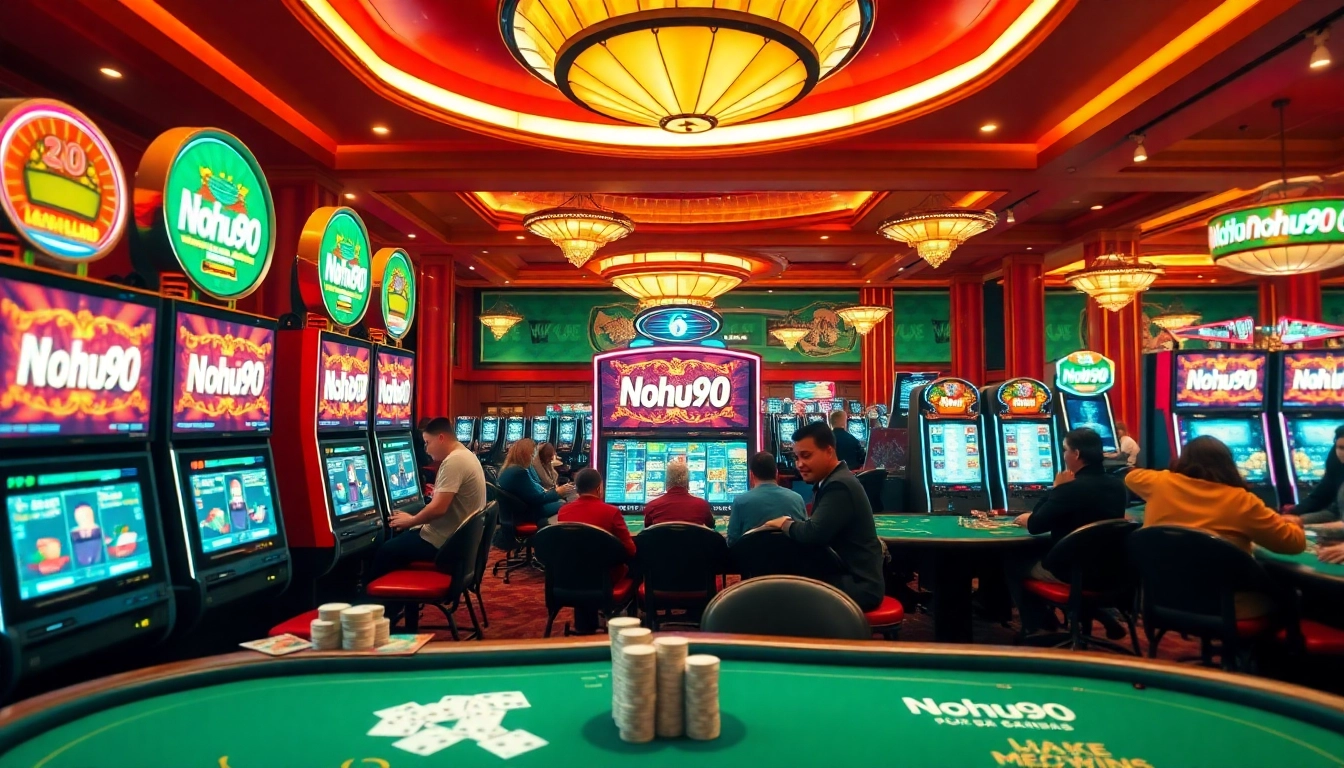 Nohu90 gamers enjoying slot machines and casino tables filled with excitement.