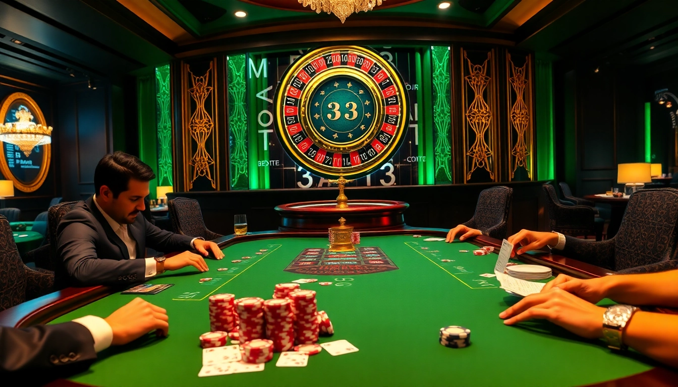 33win poker players strategizing at an upscale casino table with vibrant chips and cards.