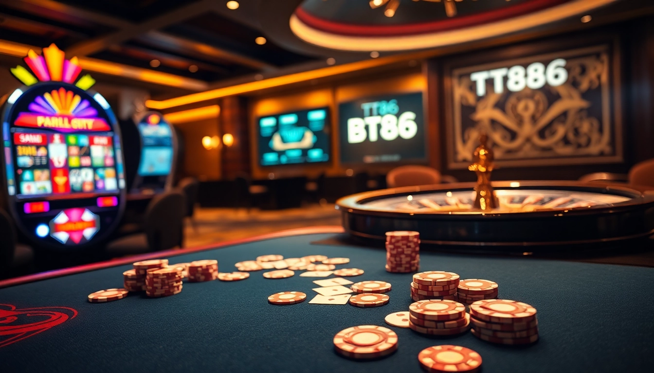 Experience thrilling gaming action at TT88 with a vibrant casino scene featuring roulette, poker, and slots.