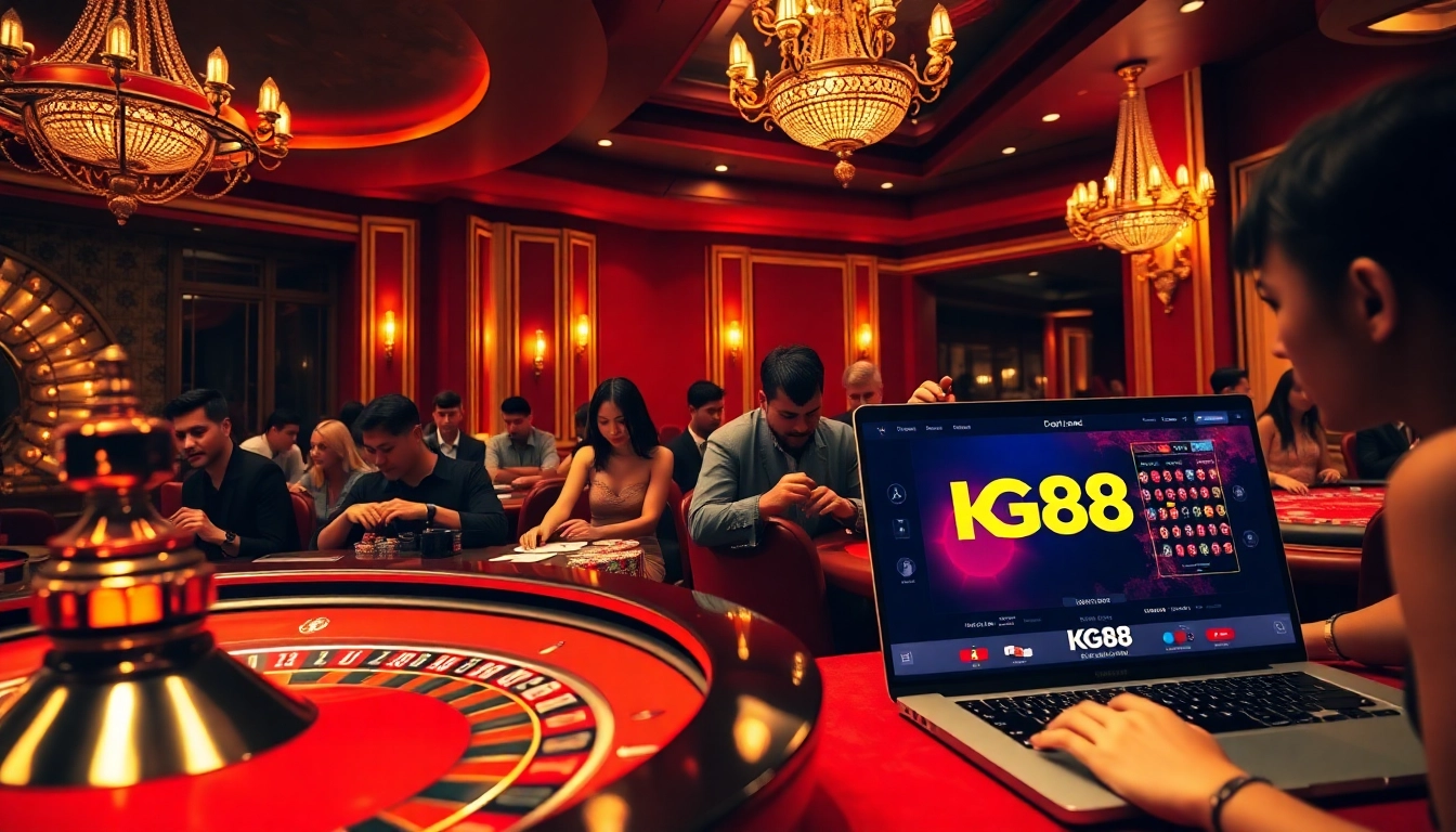 Experience the excitement of https://kg88.work/ with vibrant casino gameplay surrounded by roulette wheels.