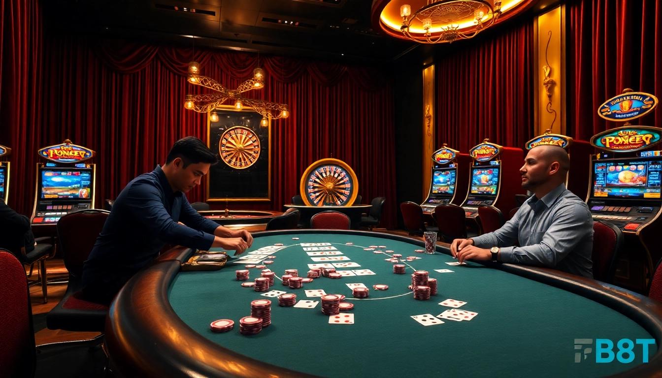 Engaged players at a high-stakes table showcasing the vibrant energy of F88BET gaming.