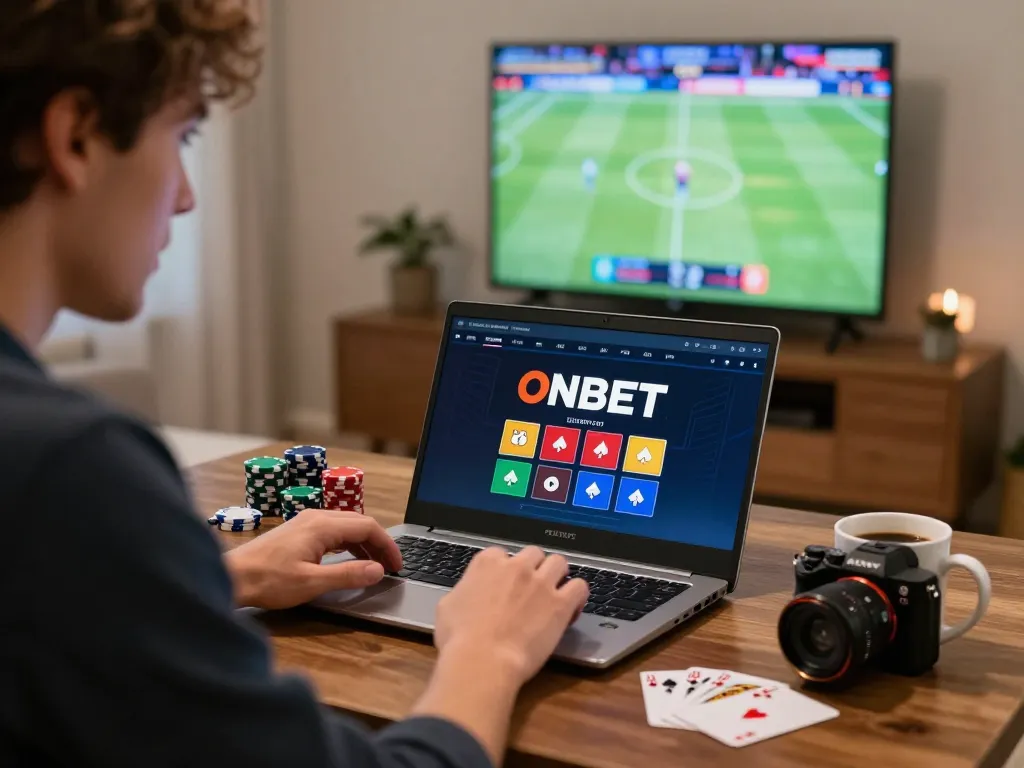 Exciting Onbet gaming experience at home with player enjoying online betting on a laptop.