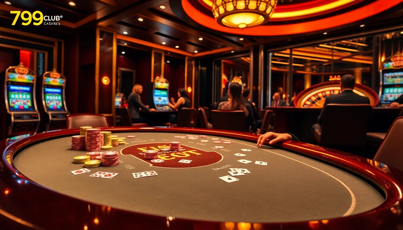 Engage in thrilling gameplay at 789club, featuring vibrant poker chips and casino tables.