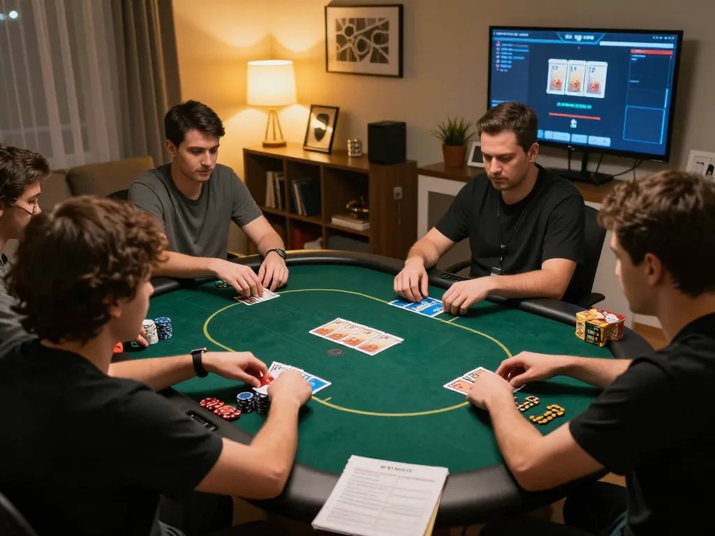 Engaged players strategizing Thủ thuật cá cược go8 during an online poker game in a cozy setting