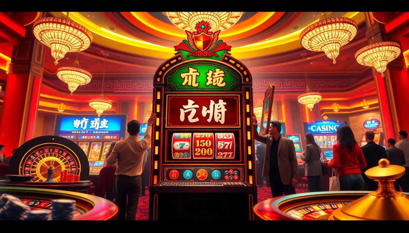 Experience the thrill of nổ hũ with vibrant slot machines and excited players in a luxurious casino setting.